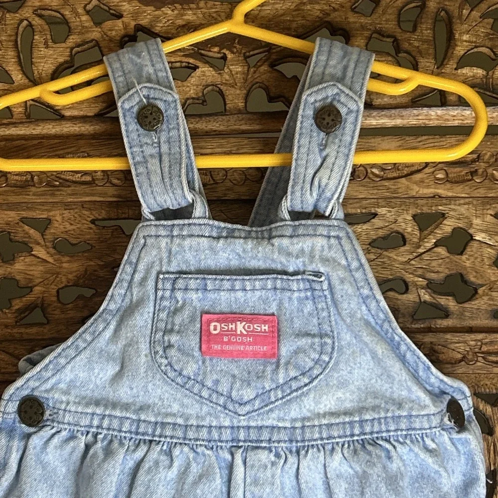 Vintage OshKosh Bgosh Girls Denim Pink Label Back Bow Shortalls 2T 90s Retro USA